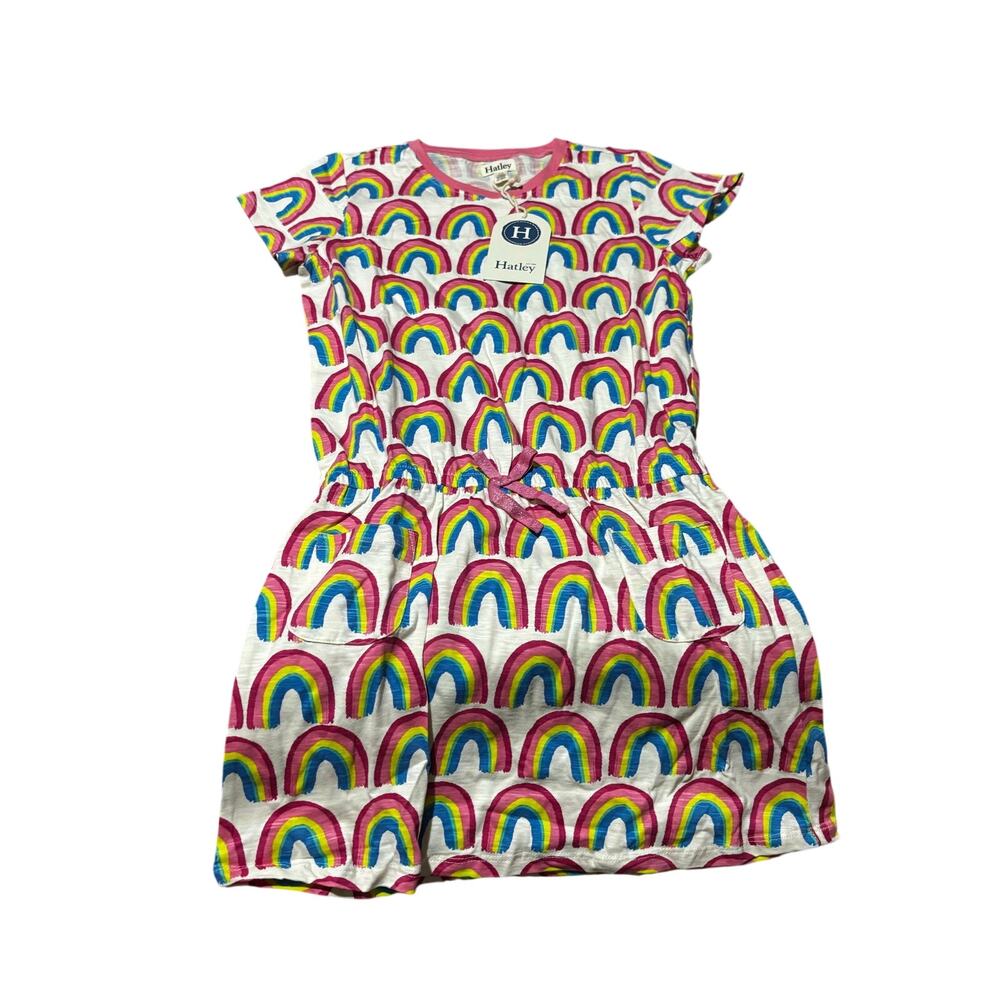 Hatley Pretty Rainbow Drop waist dress 12 all cotton white repeating rainbow nwt